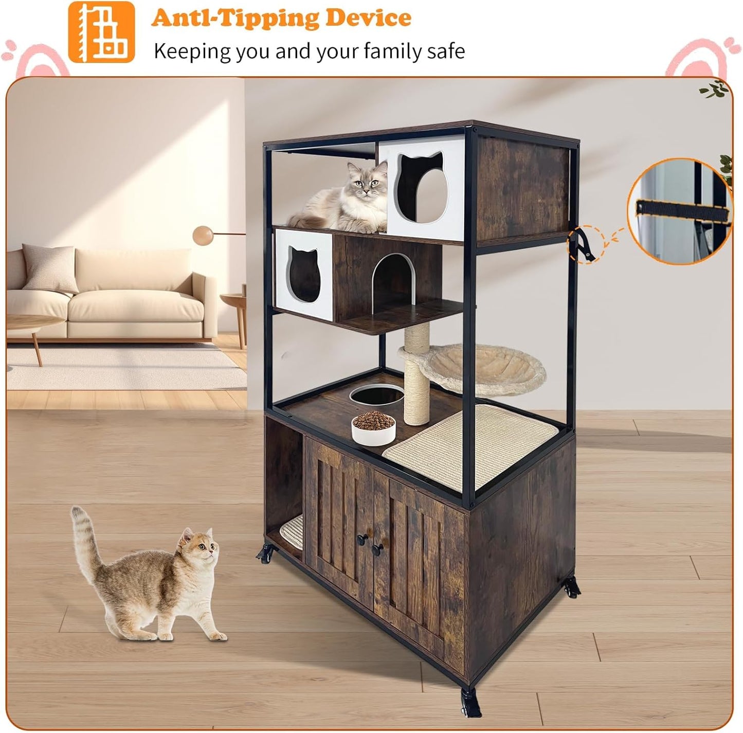Cat Tower with Litter Box Enclosure, Wooden Hidden Litter Box Cat Tree Cabinet on Wheels with Condo, Hammock and Scratching Post, Dog Proof Cats Washroom Furniture