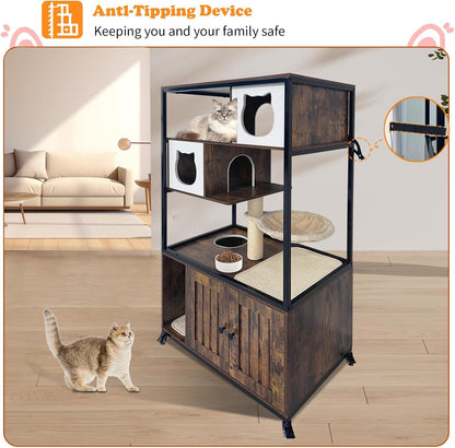 Cat Tower with Litter Box Enclosure, Wooden Hidden Litter Box Cat Tree Cabinet on Wheels with Condo, Hammock and Scratching Post, Dog Proof Cats Washroom Furniture
