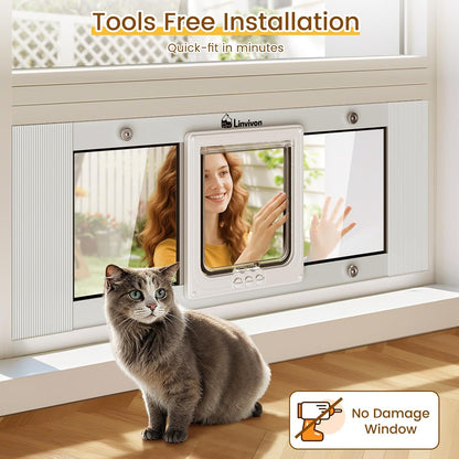 Cat Door for Window, Quick Installation Adjustable Width of 27"-32", Cat Window Door with 4 Locking Modes, Magnetic Closure Design, Weatherproof Aluminum Frame Cat Door Window Insert