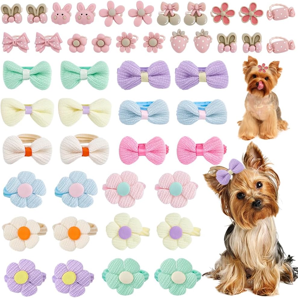 45 Pcs Light Pink Small Dog Hair Bows with Rubber Bands Puppy Bows for Ears Cute Grooming Flower Bowknot Strawberries Topknot Dog Hair Accessories for Small Dogs Girl Hair Ties for Yorkie Shih tzu