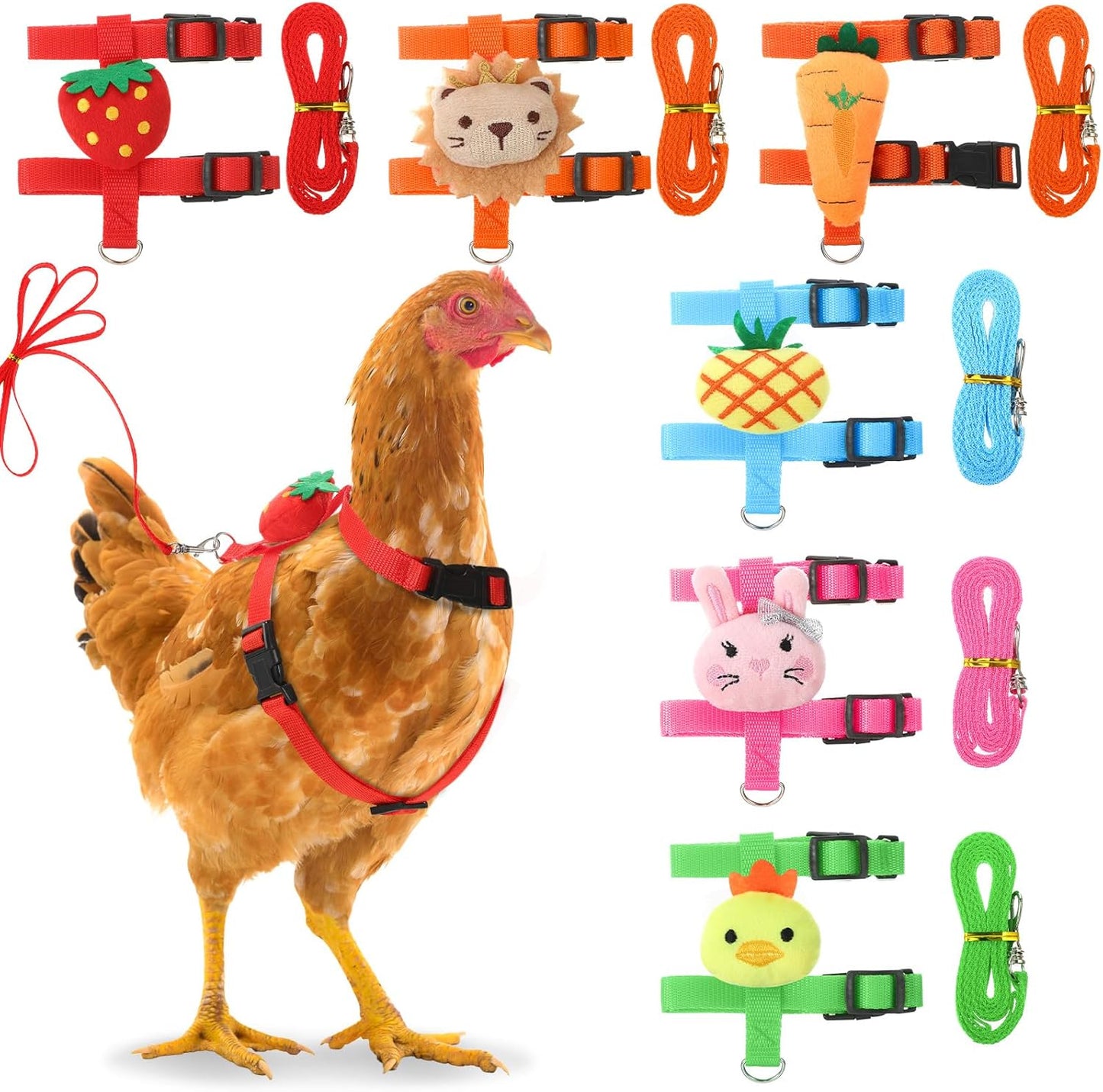 6 Pcs Adjustable Chicken Harness with Leash Cute Pattern Adjustable Walking Rope Outdoor Traction Rope for 2.5–3.6 Lb Chicken Goose Hen Duck Rabbit Small Animals