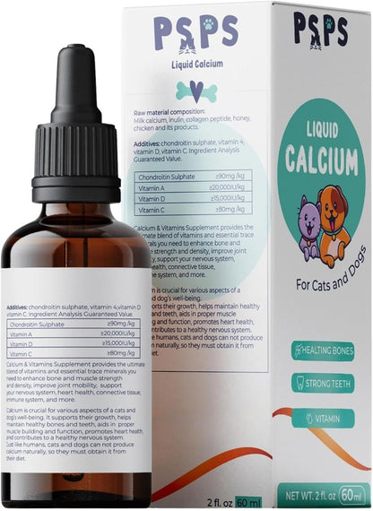 Calcium Liquid for Dogs & Cats - Multivitamin for Dog - Calcium for Dogs - Fortified Vitamins A, C & D - Bone & Teeth Health, Immune Support, and Overall Pet Wellness – 2 Fl. Oz.