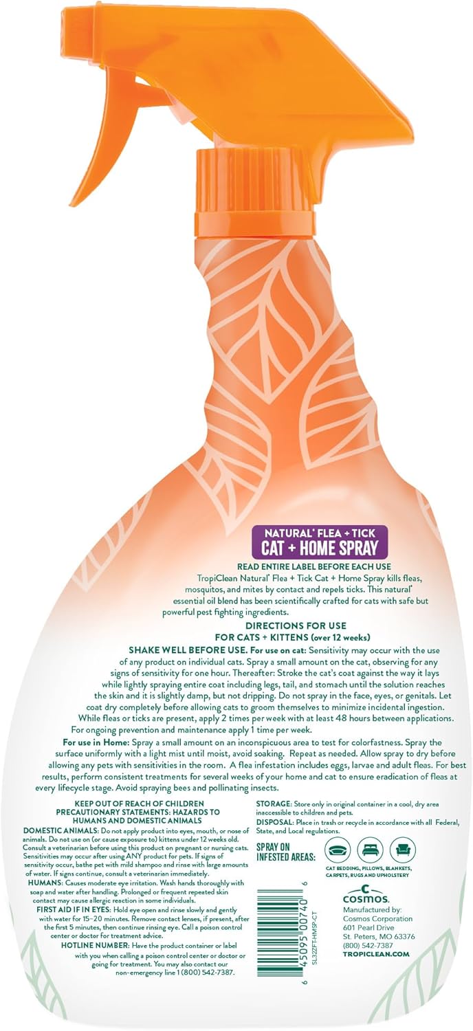 TropiClean Flea and Tick Treatment Spray for Cats & Home, Safely Treat, Prevent & Control by Contact, Powerful & Natural Defense, USA Made, 32oz