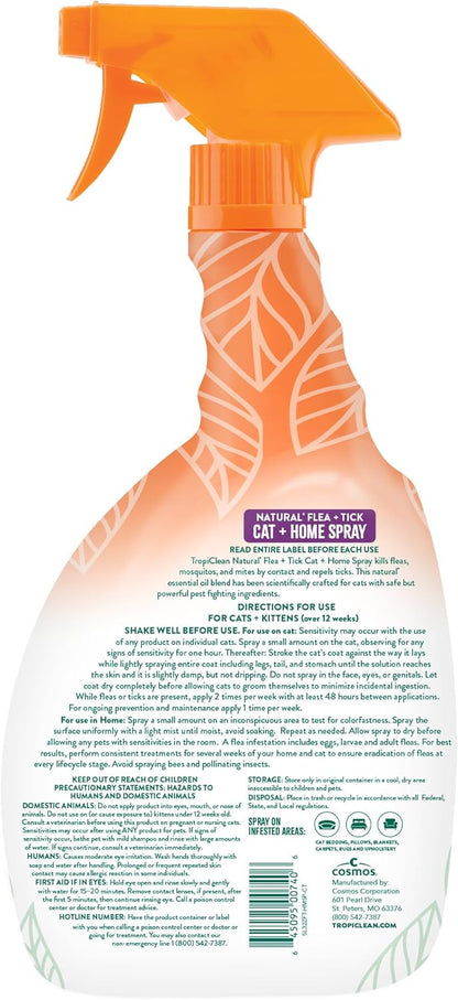 TropiClean Flea and Tick Treatment Spray for Cats & Home, Safely Treat, Prevent & Control by Contact, Powerful & Natural Defense, USA Made, 32oz