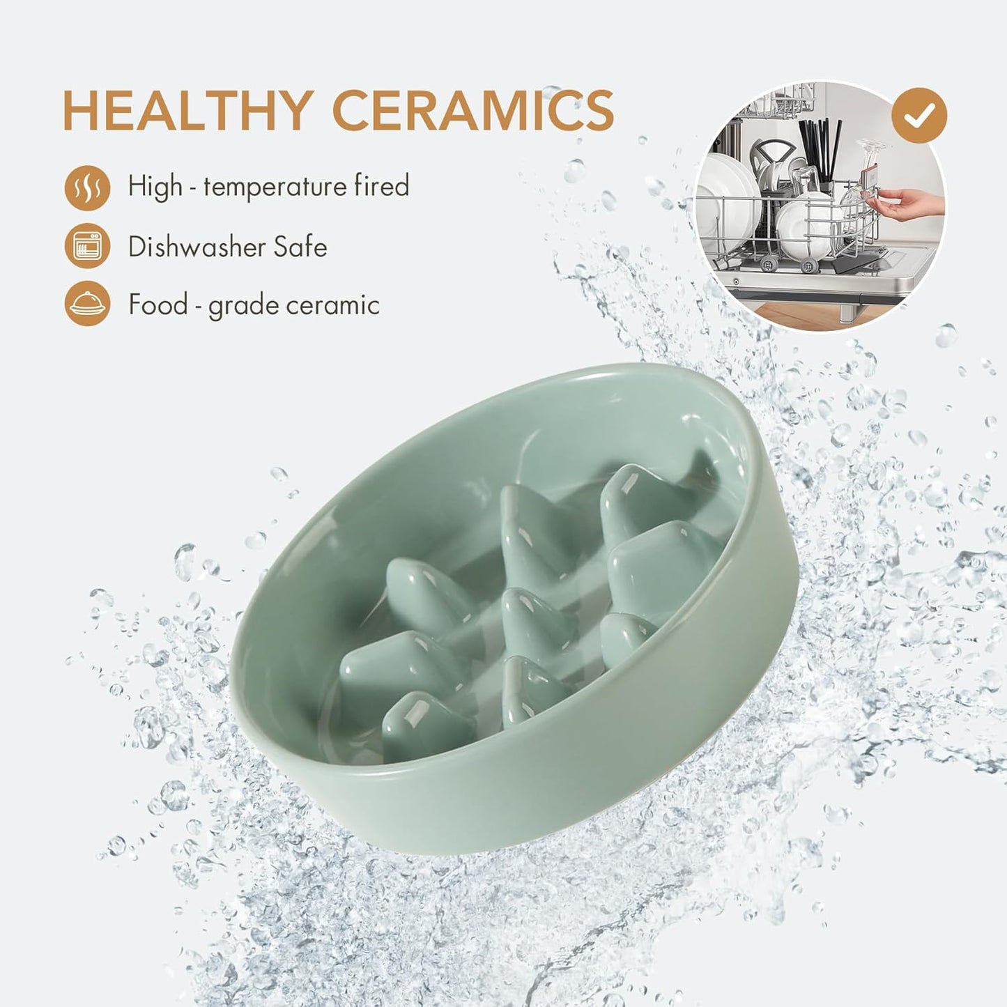 Ceramic 1.2 Cup Raised Slow Feeder Dog Bowl Set, Elevated 6.1inch Bowl and 7.3inch Slow Pet Food Dish with Wooden Stand for Small and Medium Dog (2 x Light Green+ Stand)