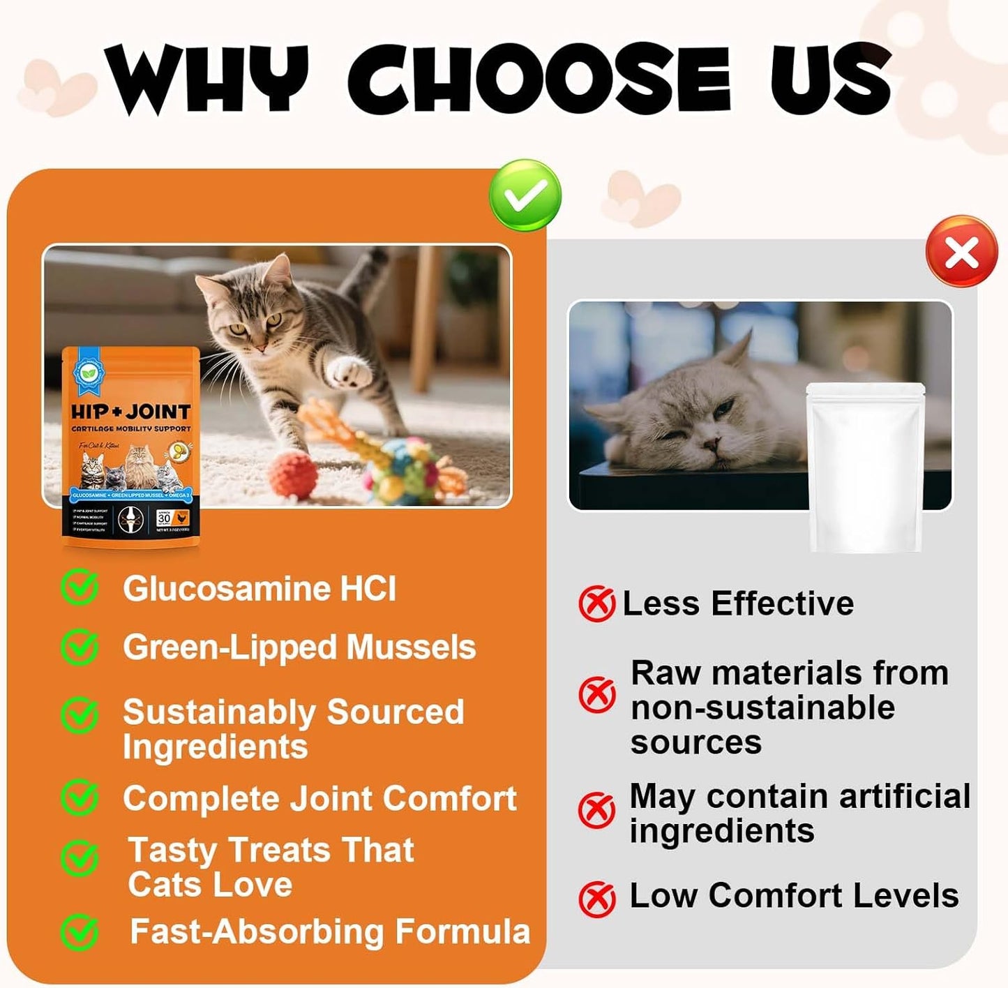 Cat Hip & Joint Health Chews – Cat Joint Support Supplement with Glucosamine, Green Lipped Mussel & Omega-3 – Supports Mobility, Flexibility & Cartilage Function (Chicken Flavor, 30-Day Supply)