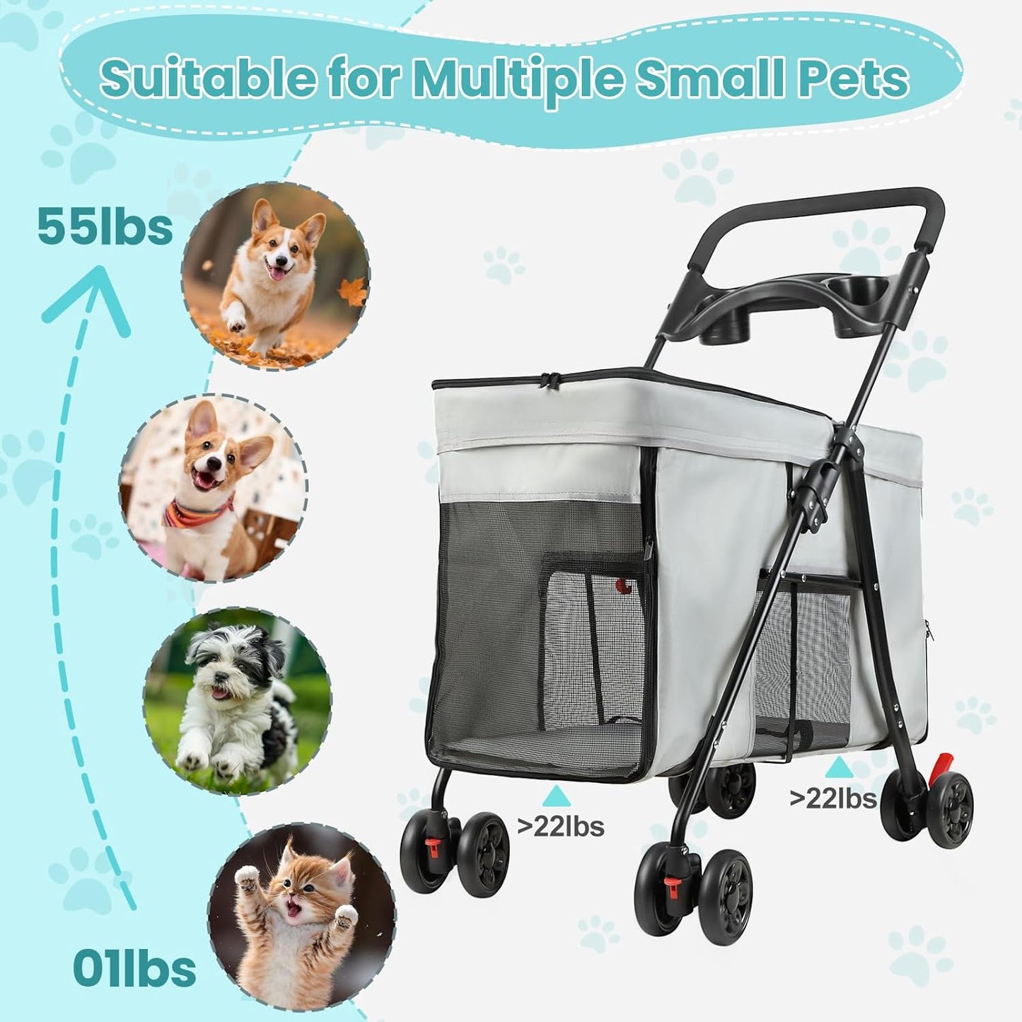 Dog Stroller with 360-Degree Wheels, Foldable Pet Cart for Small/Medium Dogs, 5 Ventilation Windows, Removable Tray, Outdoor Travel Pet Carrier