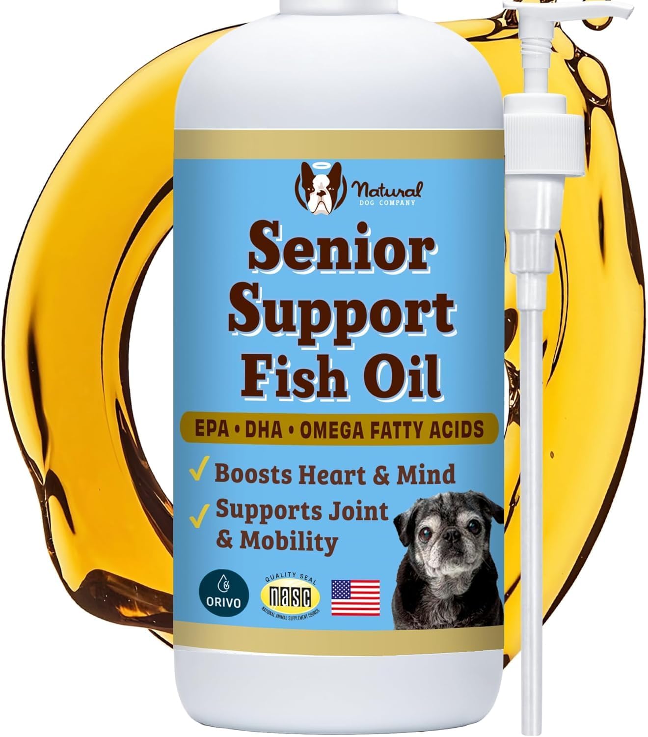 Natural Dog Company Omega 3 Fish Oil for Senior Dogs Supplement – Support Mobility, Skin, Coat, Heart & Brain, with Turmeric, Salmon & Fish Oil for Aging Dogs, Liquid Canine Supplement, 16oz