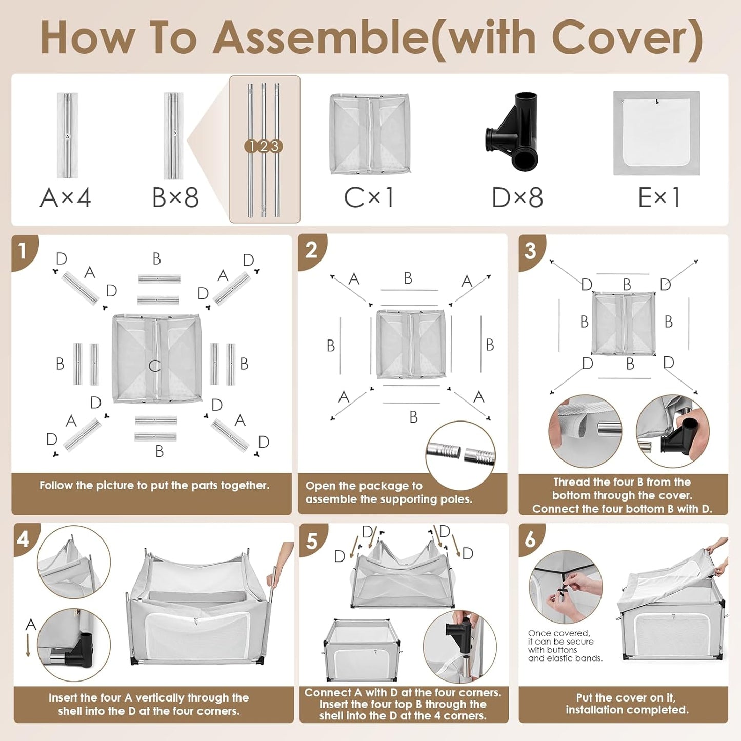 EHEYCIGA 42x42x26 Inches Puppy Playpen with Top Cover for Dogs & Cats Indoor or Outdoor - Dog Playpen with Door, Dog Fence for Small Animal with Heavy-Duty Oxford & Steel Frame, Brown