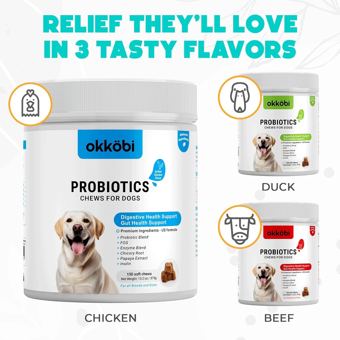 Probiotics for Dogs Chews 150 pcs - Probiotic Chews for Dogs with Enzymes & Natural Ingredients - Digestive & Gut Health Support - US Formula - Chicken Flavored