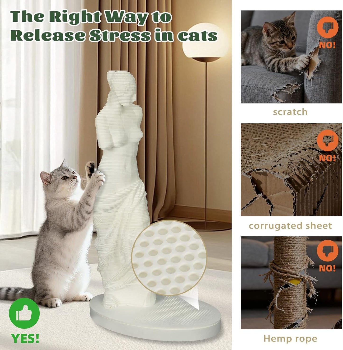 Venus de Milo Art Inspired Cat Scratching Post, White Classical Sculpture Design, Premium Indoor Cat Furniture, Decorative Statue Scratcher with Durable Base
