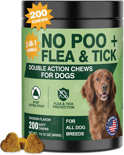 200 Chews No Poo Chew for Dogs-Flea and Tick Prevention Chews-2 in 1 Control Coprophagia & Flea Tick Supplement-Natural Soft Treats Deterrent Eat Poop with Digestive Enzymes Probiotics-Chicken Flavor