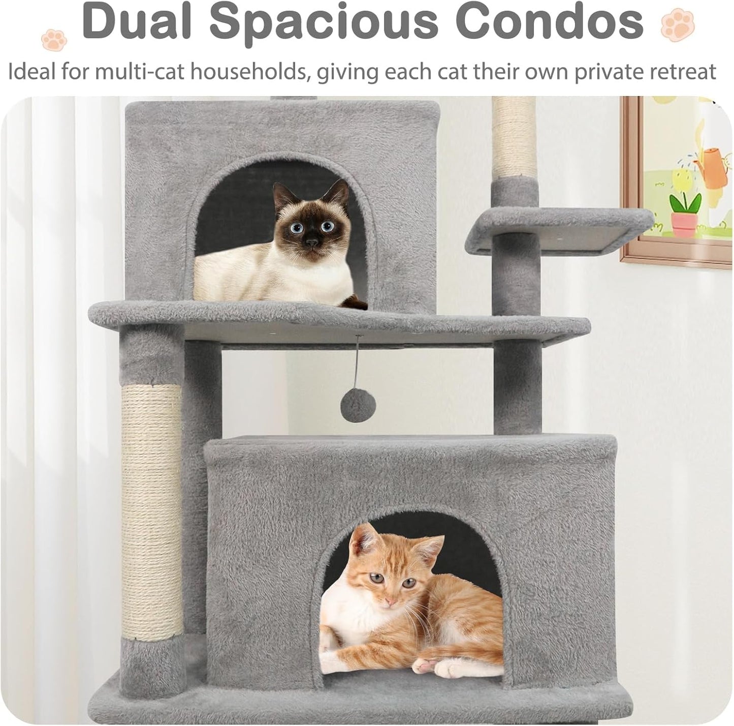 Tangkula 70 Inch Tall Cat Tree, Multi-Level Large Cat Tower with Sisal Scratching Posts, Plush Top Perch, 2 Condos, Hammock, 2 Dangling Balls, Cat Tree Tower for Indoor Cats Large Adults (Light Grey)