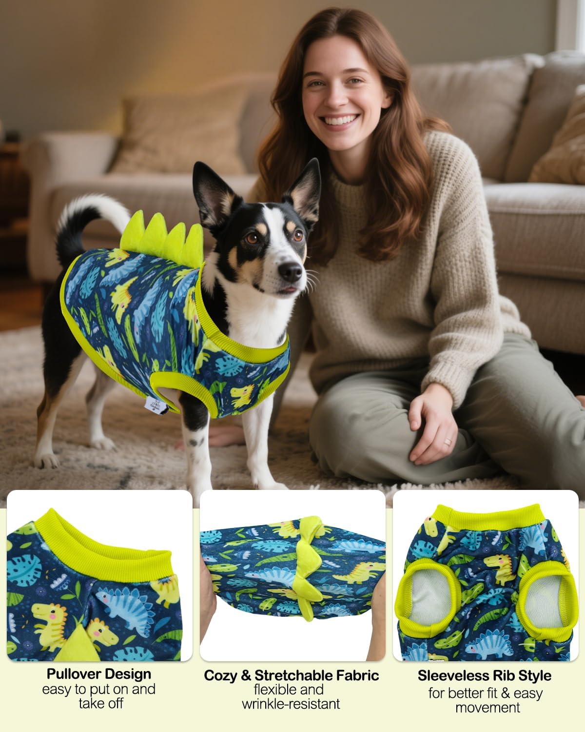 CuteBone Dinosaur Costume Dog Shirt, Stretchy Velvet T-Shirt Clothes for Small Dogs, Soft & Breathable Pet Tee Outfit Cat Apparel for Daily Wear, Cozy Pullover Design Puppy Fashion COSBX06L