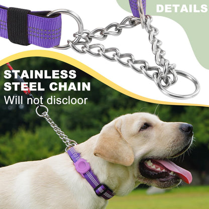 Cymiler Martingale Dog Collar with AirTag Holder, Reflective Nylon Training Collar, Stainless Steel Chain, Heavy Duty Buckle, Limited Slip Collars for Small Medium Large Dogs (Purple, Large)