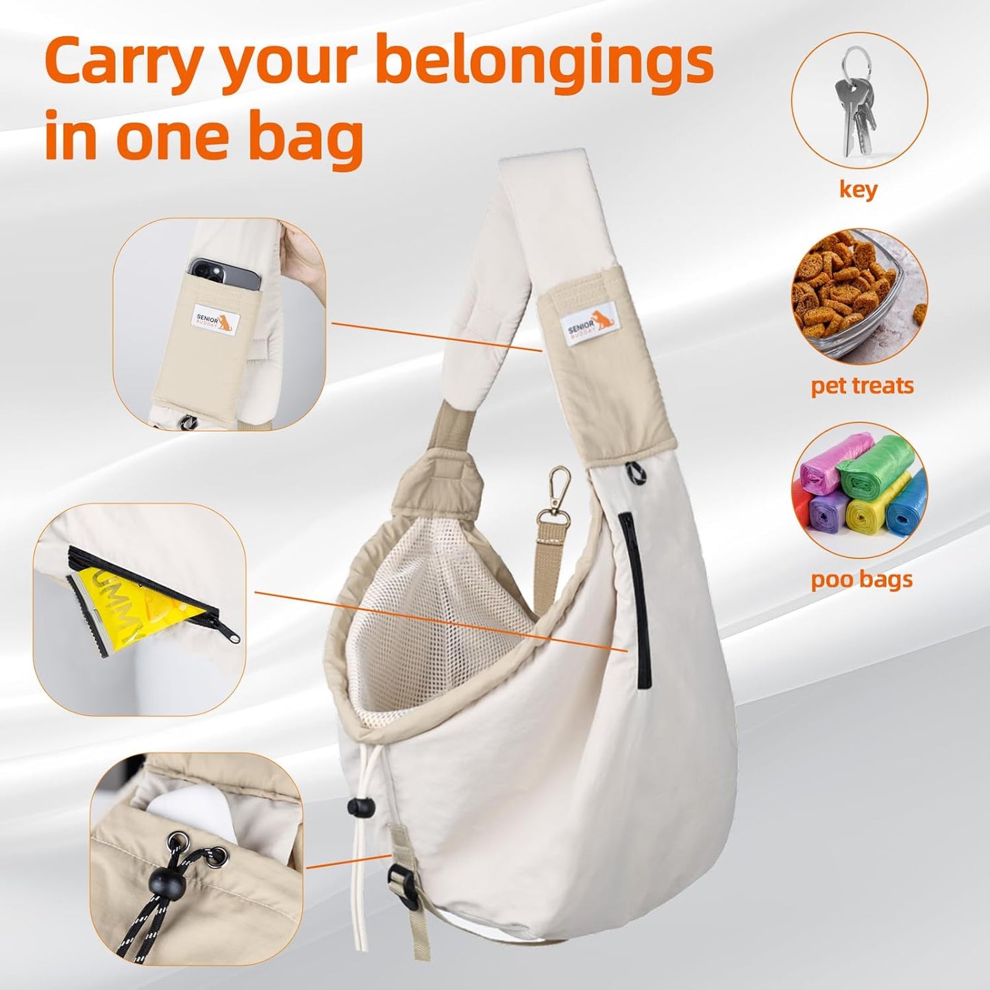 Dog Carrier Sling,Dog Carriers for Small Dogs & Cats Up to 20lbs,Puppy Carrying Backpack Pet Purse with Pockets,Adjustable Shoulder Strap,Hands Free for Travel (Beige)