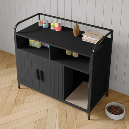 GAOMON Modern Cat Litter Box Enclosure with Metal Frame, Hidden Cat Litter Box Side Table with Dual Storage Shelves, Multi-Functional Indoor Cat House Cabinet for Living Room & Bedroom, Black