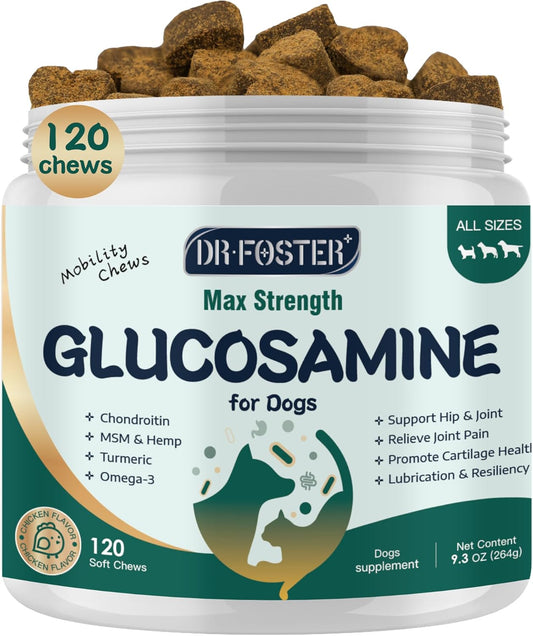 Glucosamine for Dogs, Hip and Joint Supplement for Dogs with Chondroitin, MSM, Turmeric, Omega-3 & Calcium, Dog Glucosamine Supports Pain Relief, Mobility & Comfort, Chicken Flavor, 120 Soft Chews