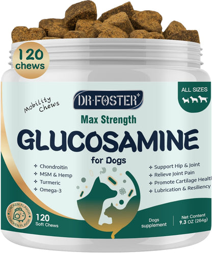 Glucosamine for Dogs, Hip and Joint Supplement for Dogs with Chondroitin, MSM, Turmeric, Omega-3 & Calcium, Dog Glucosamine Supports Pain Relief, Mobility & Comfort, Chicken Flavor, 120 Soft Chews