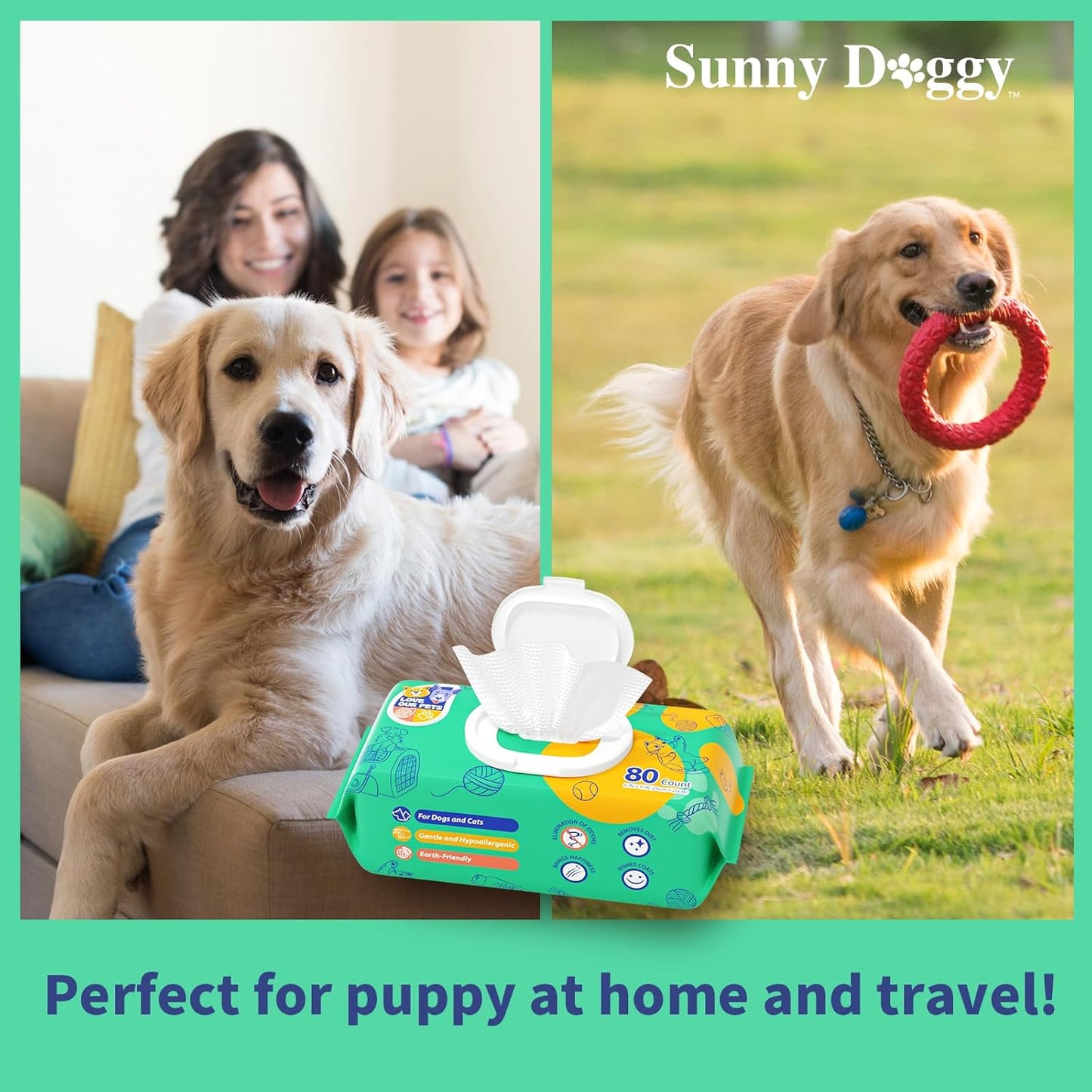 Pet Wipes 80 Count, Dog Wipes Cleaning Deodorizing Cat Wipes, 8 x 8 Inch Dog Grooming Wipes for Butt Paws Ear Eyes and Body