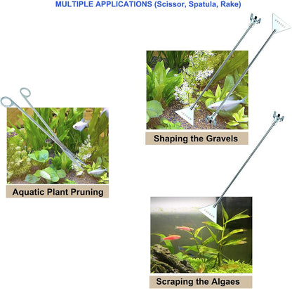 Aquarium Aquascape Tools Kit + Brush - 15 inch Stainless Steel Aquatic Tweezers/Feeding Tongs, Scissors, Spatula, Algae Scraper, Rake for Fish Tank Cleaning Scrubbing, Trimming, Terrarium Supplies