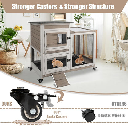 PetsCosset Rabbit Hutch Indoor 40" L Large 2 Story Outdoor Wooden Bunny Hutch with Run, 4 Metal Wheels & 2 Deeper Trays, UV-Proof Panel Rabbit Cage Guinea Pig Pet House for Small-Medium Animals