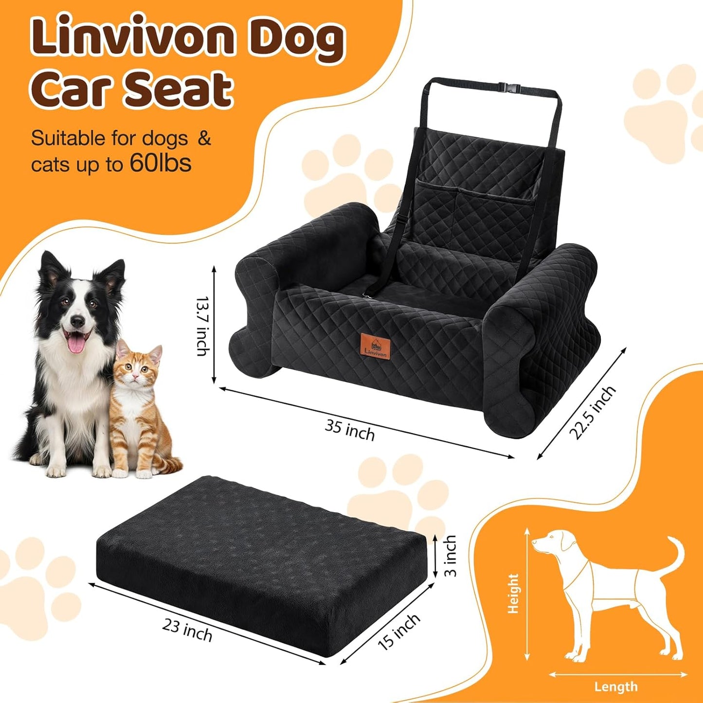 Dog Car Seat for Medium/Large Dogs up to 60 lbs, Memory Foam Dog Booster Seat with Thick Cushion, Pet Car Seat for Back with Detachable Washable Cover, Storage Pockets for SUV, Pick Up, Trunk, Black