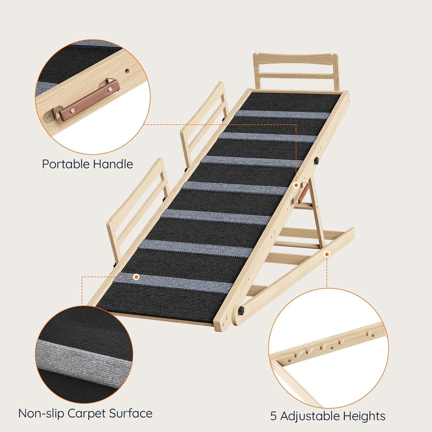 HOOBRO Dog Ramp for Bed, 63" Long Folding Pet Ramp with Non-Slip Mat and Safety Side Rails, 5 Height Adjustable up to 29.5", Wooden Dog Ramp for Couch, for Small/Large Dogs, Natural and Black NB46PT03