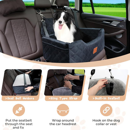 Dog Seat for Car Travel, Booster Car Seat for Large/Medium Dogs Under 55 lbs or 2 Small Pets, Detachable & Washable Dog Seat Bed with Safety Leashes & Thick Cushion (Black&Grey)