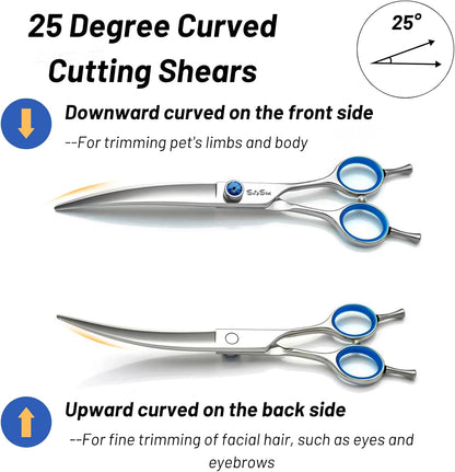 7.5in 25° Curved & Chunker Professional Dog Grooming Scissors Set, 24 Teeth Thinning Shears for Dog Grooming, VG10 Steel Sharp, Pet Trimming Shears for Dogs Cats Groomer, Ergonomic with CNC Screw
