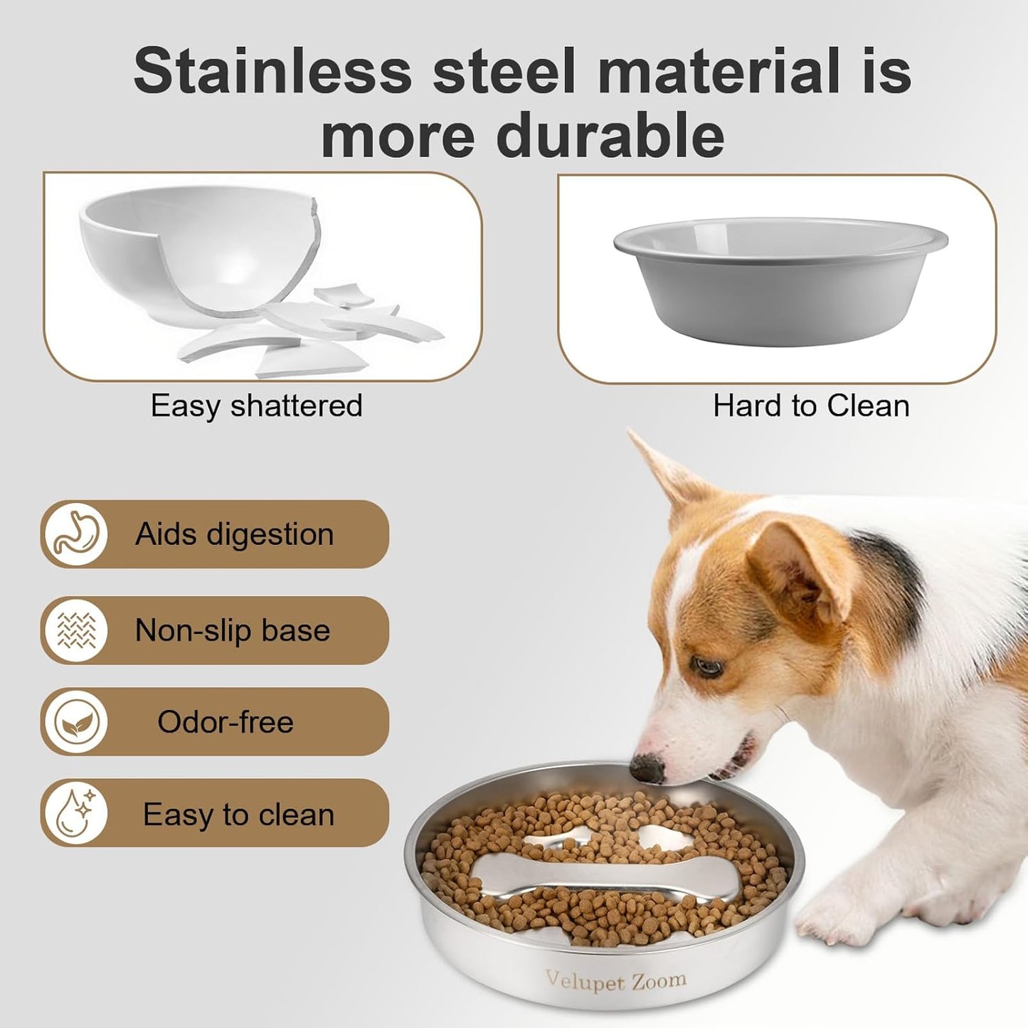 Slow Feeder Dog Bowls,Non-Slip Base Stainless Steel Pet Food Bowls,2 Cups Metal Dog Slow Feeder Bowl for Large Medium Breed,Double-Sided