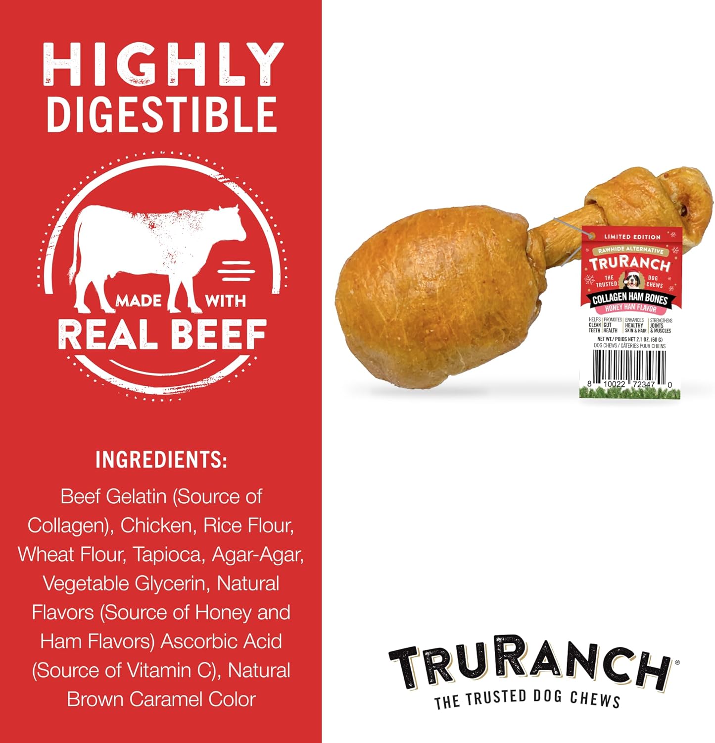 TRURANCH Collagen Drumsticks, Honey Ham, 1 Bag, 3 Count, Holiday Limited Edition, Stocking Stuffer, All-Natural Hydrolyzed Collagen, Rawhide Free, for Small, Medium and Large Dogs