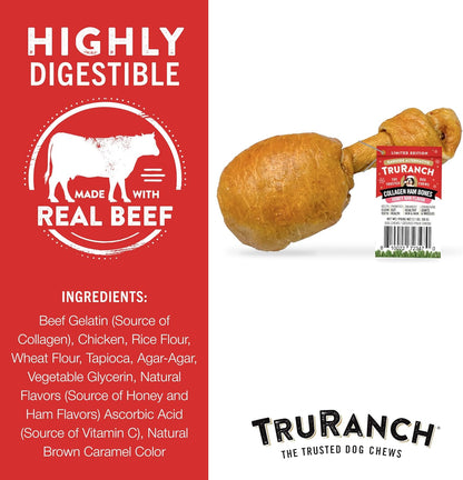 TRURANCH Collagen Drumsticks, Honey Ham, 1 Bag, 3 Count, Holiday Limited Edition, Stocking Stuffer, All-Natural Hydrolyzed Collagen, Rawhide Free, for Small, Medium and Large Dogs