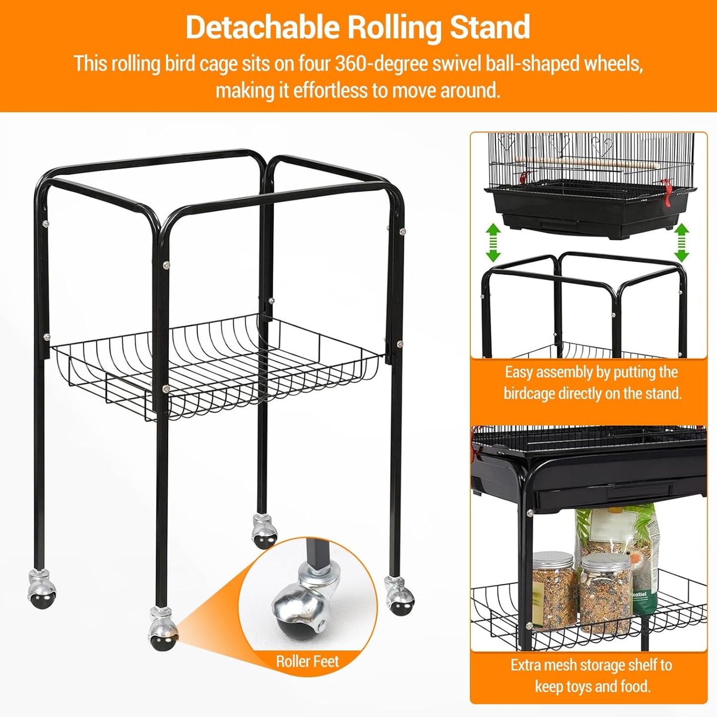 Large Wrought Iron Bird Cage with Open Play Top – 65.5 Inch Flight Cage for Parrots, Conures, Cockatiels, Lovebirds, Parakeets, Budgies – Heavy-Duty Detachable Rolling Stand & Storage Shelf – Black