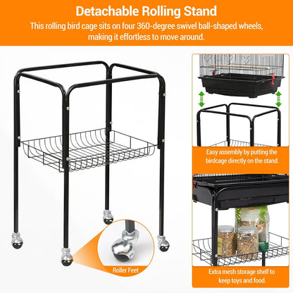 Large Wrought Iron Bird Cage with Open Play Top – 65.5 Inch Flight Cage for Parrots, Conures, Cockatiels, Lovebirds, Parakeets, Budgies – Heavy-Duty Detachable Rolling Stand & Storage Shelf – Black