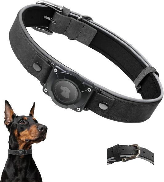 Leather AirTag Dog Collar - IPX8 Waterproof Dog Collar with AirTag Holder|Reflective, High - End, Adjustable Soft Padded |Dog GPS Collar Tracker Fit for Medium Large Dogs (Black, XL)