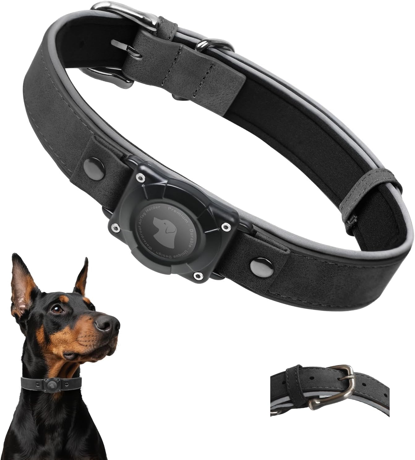 Leather AirTag Dog Collar - IPX8 Waterproof Dog Collar with AirTag Holder|Reflective, High - End, Adjustable Soft Padded |Dog GPS Collar Tracker Fit for Medium Large Dogs (Black, XL)