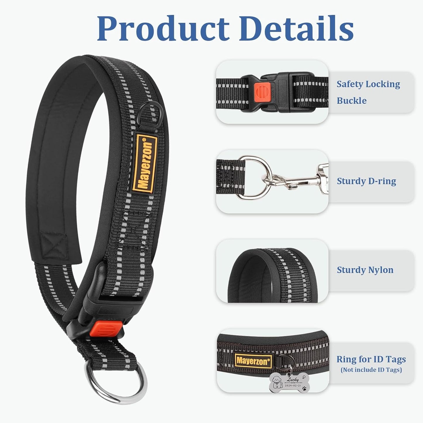 Mayerzon 1.5" Wide Martingale Collar for Large Medium Small Dogs Pitbull German Shepherd, No Pull Reflective Slip & Martingale Dog Collar with Buckle Soft Padded for Walking Training(Black,M)