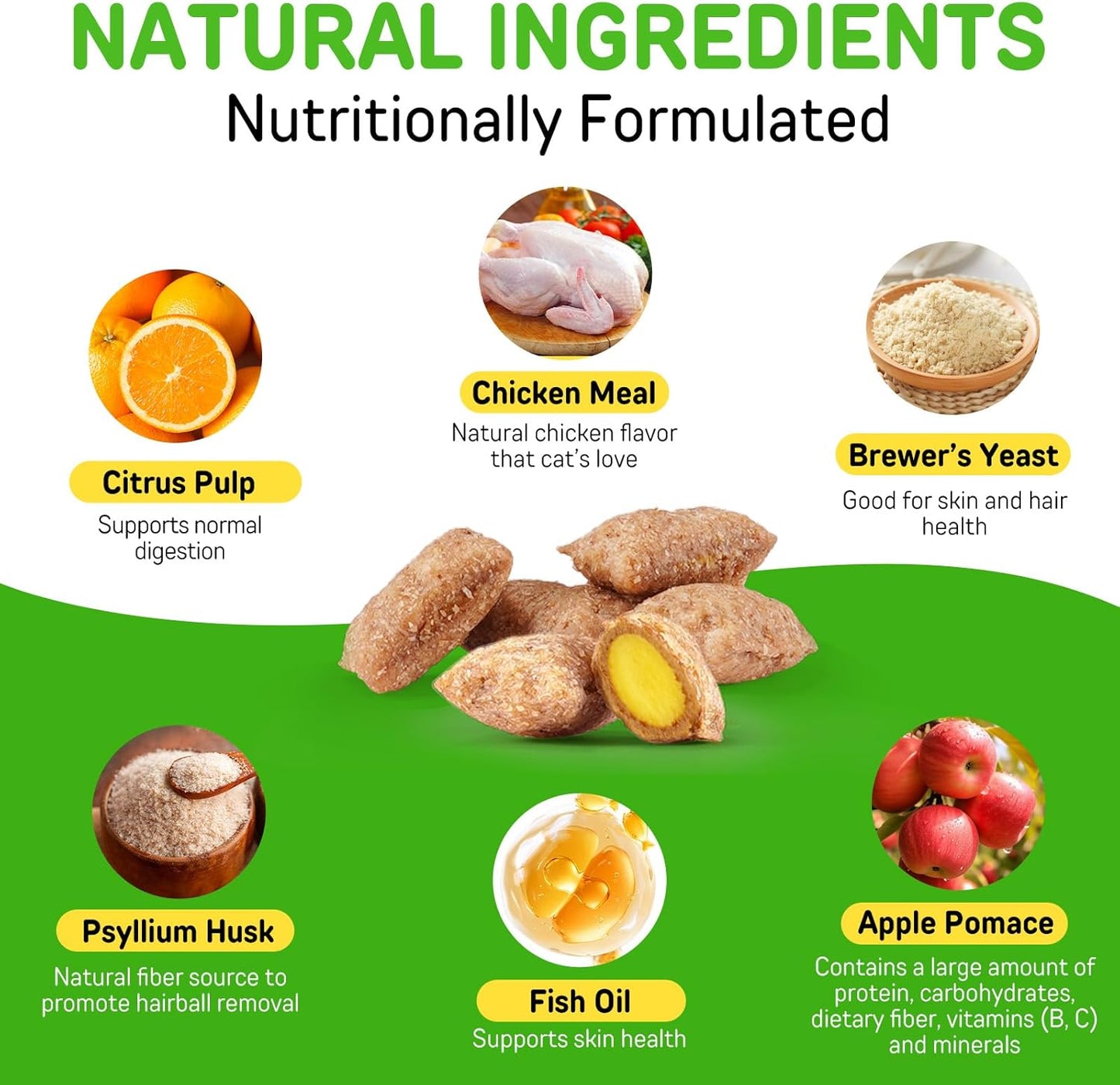 Cat Hairball Support Treats with Psyllium Husk & Omega-3, Chicken Flavor Soft & Crunchy Bites for Ingested Hair Elimination, Digestive & Skin Health, 3.7 oz (100g)