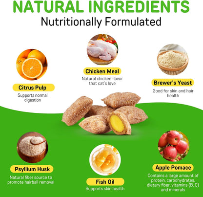 Cat Hairball Support Treats with Psyllium Husk & Omega-3, Chicken Flavor Soft & Crunchy Bites for Ingested Hair Elimination, Digestive & Skin Health, 3.7 oz (100g)