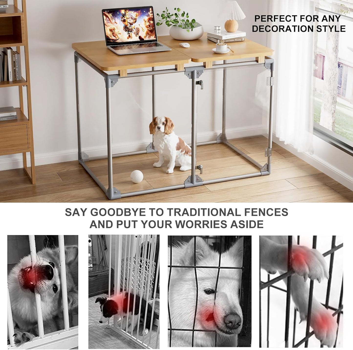 Clear Acrylic Dog Cage Furniture, Decorative Dog Kennel Furniture with Solid Wood Tabletop, 41 Inch, 6 Panels, Transparent Pet Fence for Small Dogs, Rabbits, Hedgehogs, and Cats
