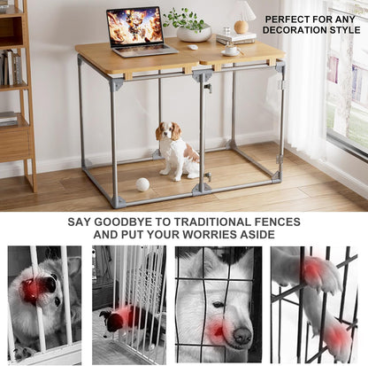 Clear Acrylic Dog Cage Furniture, Decorative Dog Kennel Furniture with Solid Wood Tabletop, 41 Inch, 6 Panels, Transparent Pet Fence for Small Dogs, Rabbits, Hedgehogs, and Cats