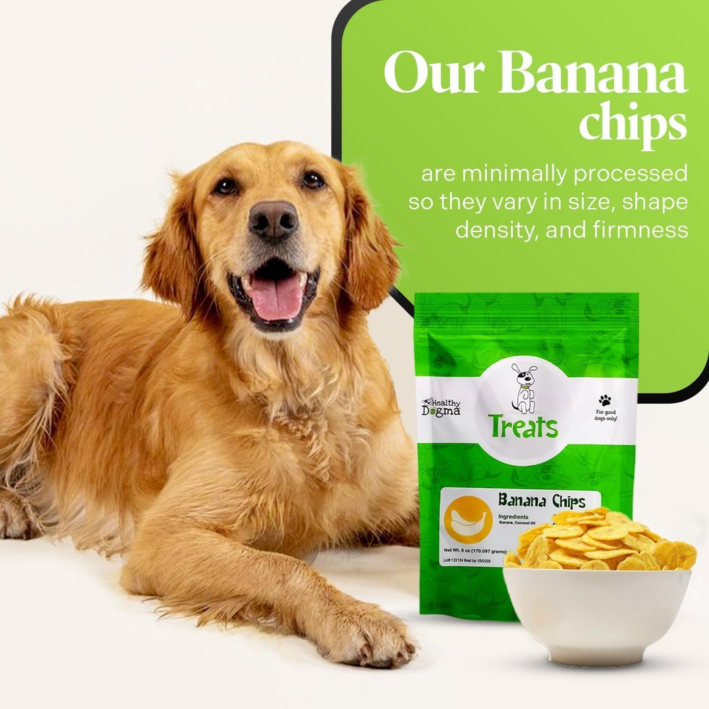 Healthy Dogma Banana Chips Treat for Dogs - All-Natural, & Clean Ingredient Snacks - Supports Digestion, Energy & Immune Health - Perfect for Training & Sensitive Stomachs, (6oz-Pack of 4)