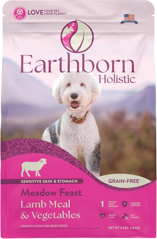 Earthborn Holistic Meadow Feast Lamb Meal & Vegetables Sensitive Skin & Stomach Grain Free Dry Food for Adult Dogs (4 lb. Bag)