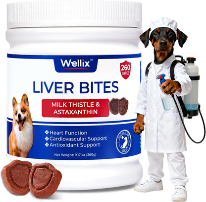 260 Bites Wellix Liver Support for Dogs - Milk Thistle for Dog Liver Supplements with Omega-3 - Supports Heart & Antioxidant for Large,Small Breed Fogs -Chicken Flavor