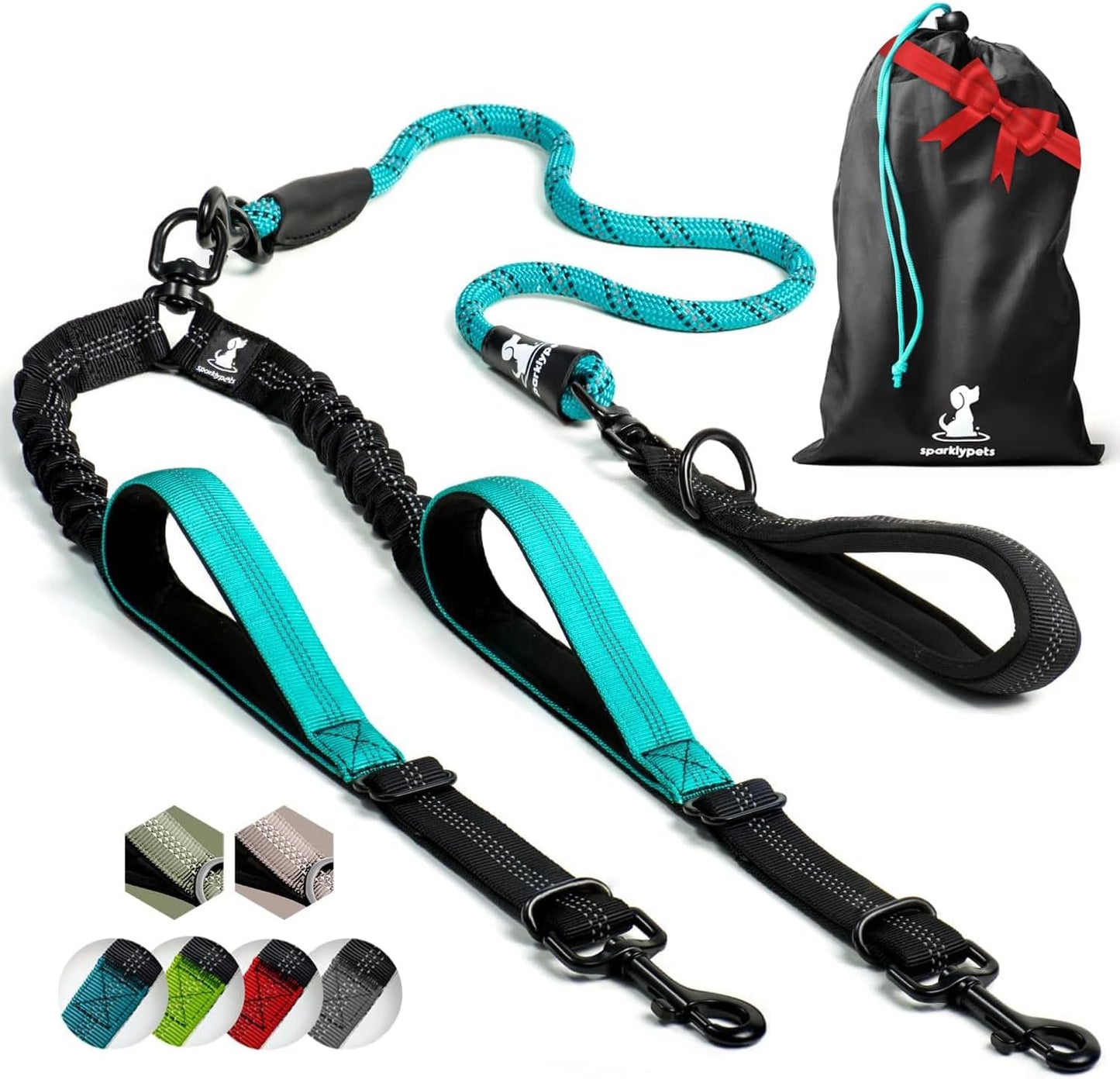 SparklyPets Double Dog Leash for 2 Dogs – Rope Bungee Dual Leash for Medium and Large Breeds with Padded Handles & Tangle Free (Teal, Medium/Large)