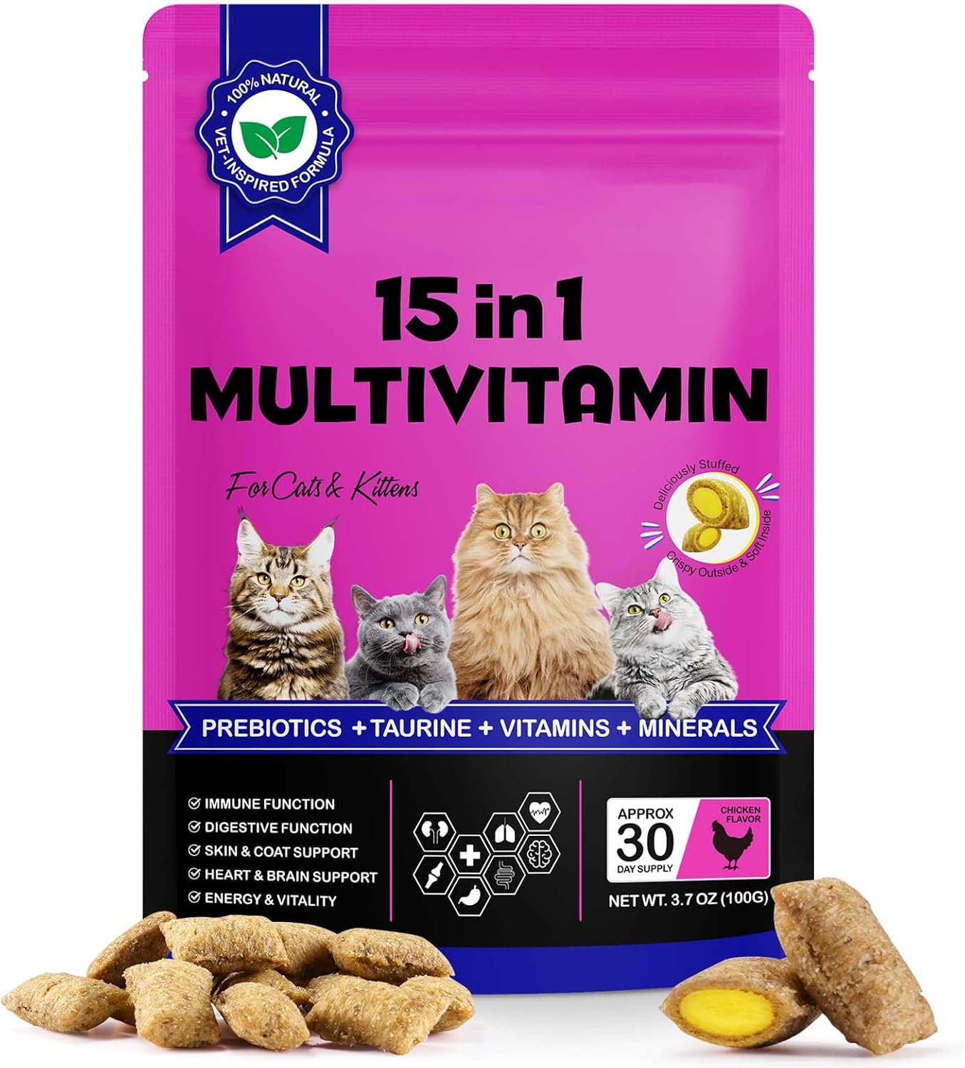15 in 1 Cat Multivitamin Cruchy & Creamy Chews, Cat Treats for Immune + Digestive, Skin & Coat, Heart & Brain, Energy & Vitality Support, Vitamin for Cats with Omega 3 & Prebiotics(30 Day Supply)