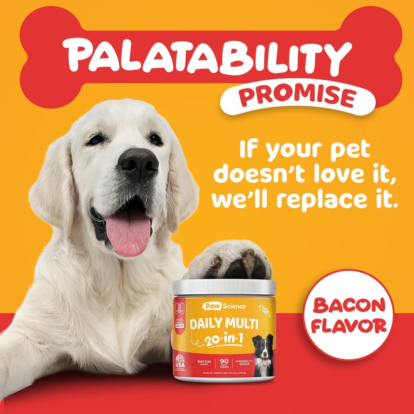 Dog Vitamins and Supplements, 20-in-1 Multivitamin Treats for Dogs - Glucosamine, Probiotics, Wild Alaskan Salmon Oil, Chondroitin, MSM & More - Bacon Flavor - 90 Count