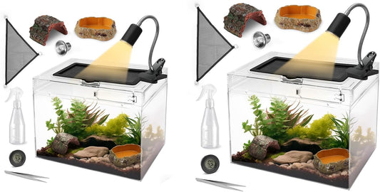 AZV Small Habitat Terrarium Enclosure, and Large Reptile Terrarium,Reptile Tank 15x8x10in Amphibian Isopod Tank Starter Kit with Bearded Dragon Hammock,Heat Lamp,Hide Cave for Geckos Lizard
