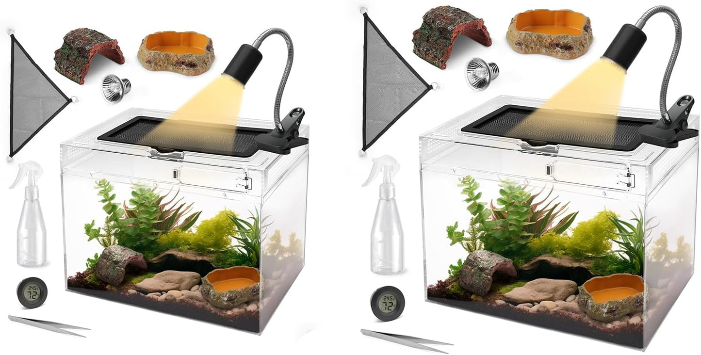 AZV Small Habitat Terrarium Enclosure, and Large Reptile Terrarium,Reptile Tank 15x8x10in Amphibian Isopod Tank Starter Kit with Bearded Dragon Hammock,Heat Lamp,Hide Cave for Geckos Lizard